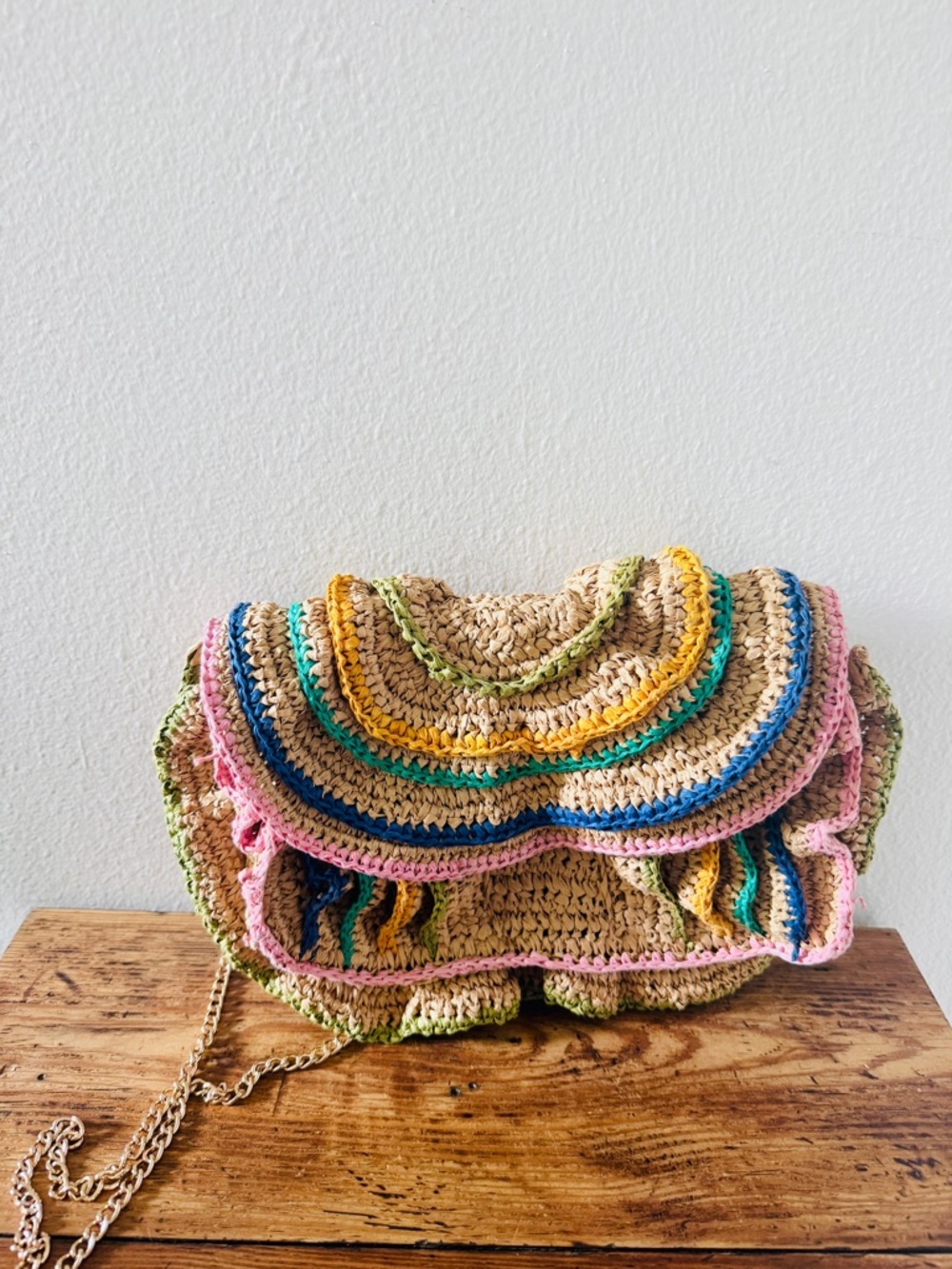 Anthropologie Maeve Multicolor Ruffle Purse Gold Chain Bag - Picture 4 of 8